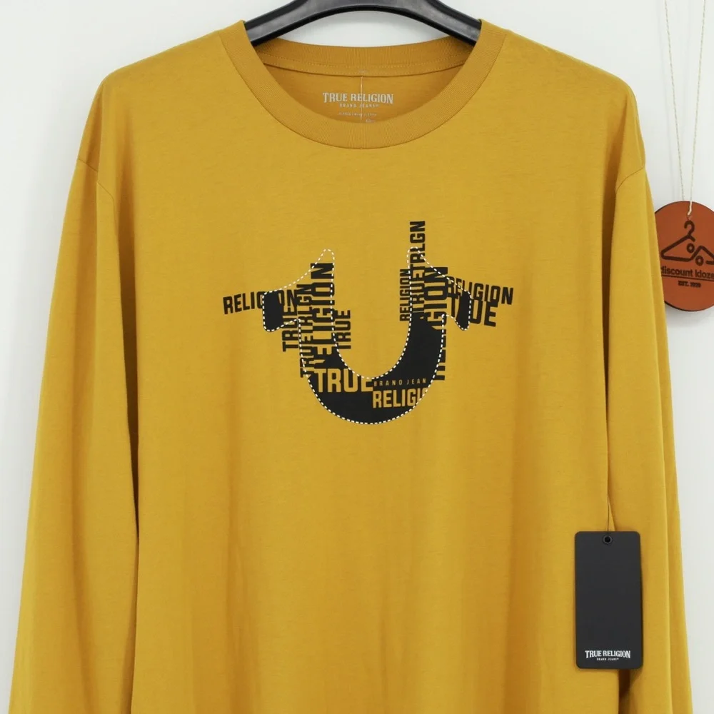 True Religion Mens Gold HS Stacked Logo Long Sleeve Crew Neck Shirt‎ Size XL